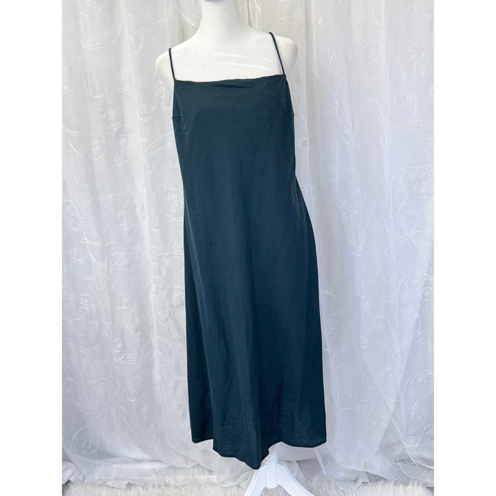 Zara Women Dark Teal Blue Low Back Knot Midi Slip Dress Size L Spaghetti Strap